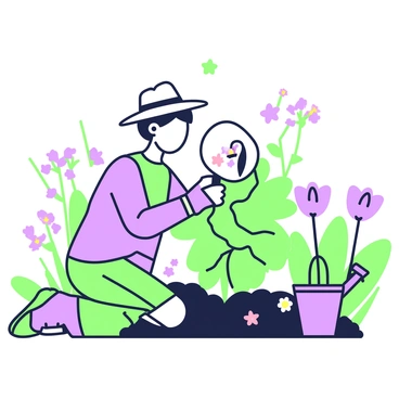 A gardener inspecting a plant for pests with a loupe among blooming flowers