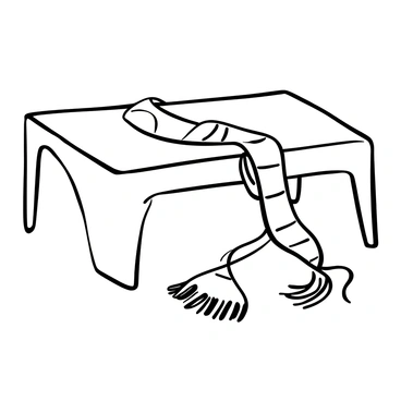 A long scarf draped across a table, decorated with intricate "DNA" patterns woven into its fabric. The scarf is being unraveled, with strands of "RNA" spilling out from the ends. The strands of "RNA" look delicate and fluid, intertwining with the fabric of the scarf. The setting is minimalistic, allowing the focus to remain on the scarf and the strands emerging from it.