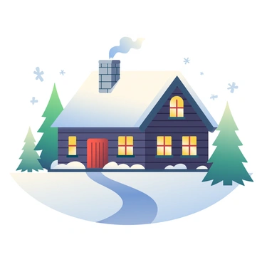 A cozy cabin made of dark wood is situated in a snowy mountain landscape. The cabin has a sloped roof covered in a thick layer of white snow, and smoke is rising from the stone chimney, curling into the frosty air. Flakes of snow are gently falling around the cabin, blanketing the ground in soft white. Pine trees surround the cabin, their branches heavy with fresh snow. A warm glow emanates from the cabin's windows, suggesting a fireplace inside. A winding path leads up to the front door, edged with snow, inviting and picturesque.