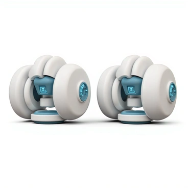 A pair of futuristic dumbbells, each featuring sleek, metallic designs with smooth curves and sharp edges. The dumbbells are equipped with articulated robotic arms extending from their sides, which are programmed to adjust their grip based on the user's movements. Embedded digital interfaces display real-time workout statistics, with glowing blue screens showing metrics like weight, reps, and heart rate. The base of the dumbbells has a textured grip for comfort, and the robotic arms are articulated to allow for a wide range of motion.