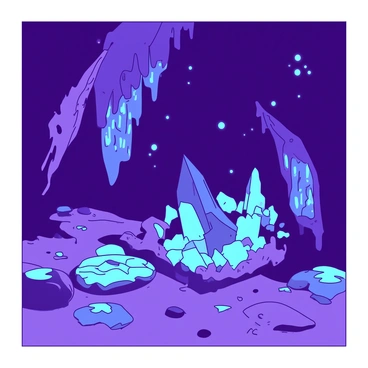 A cavern filled with luminescent crystals of various shapes and sizes, casting a bright glow in shades of "blue" and "purple." The crystals are embedded in the rocky walls and protrude from the ground, creating an enchanting atmosphere. Light reflects off the surfaces, creating intricate patterns and shadows throughout the cavern. Some crystals are large and jagged, while others are small and delicate, creating a diverse landscape of shimmering light. The cavern floor is uneven, with smooth stones and patches of glowing moss dotting the ground.