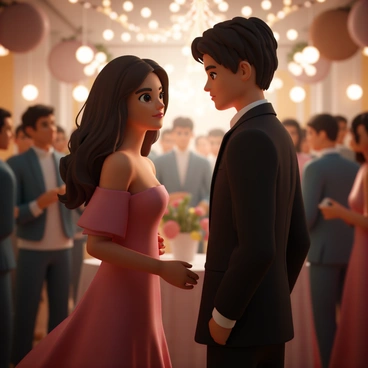 Two people locking eyes across a crowded room, with a soft glow highlighting their expressions.