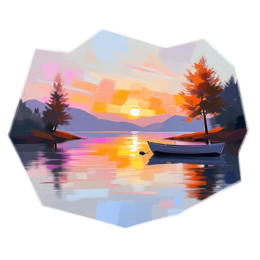 A tranquil lake reflecting the warm colors of a setting sun. The water is calm, with gentle ripples causing a shimmering effect that mirrors the orange, pink, and purple hues of the sky. Silhouettes of tall trees line the shore on either side, their branches swaying slightly in a light breeze. A small wooden rowboat is anchored at the edge of the lake, gently bobbing with the water's movement. In the distance, soft hills rise against the colorful sky, completing the serene landscape.