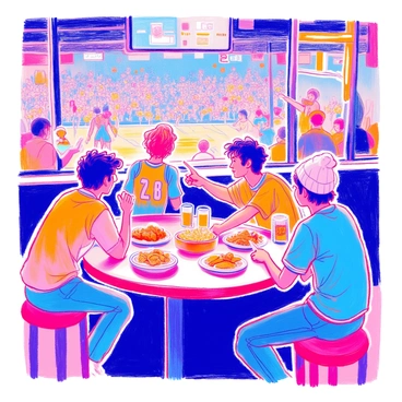 A group of friends is gathered around a high table in a sports bar, intently watching a basketball game on a large screen. There are four friends; one has short brown hair and is wearing a blue jersey, another has curly black hair and is sipping a beer, while the third has glasses and is pointing at the screen, discussing strategies. The fourth friend, with a beanie, is holding a notepad and writing down bets. A mix of food items like chicken wings and nachos is spread across the table. In the background, other patrons are also focused on the game, adding to the lively atmosphere.