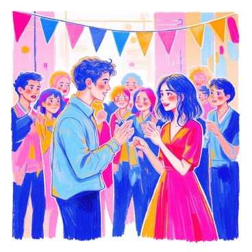 Two people are standing facing each other in a lively setting filled with bright colors and expressive details. One person has short curly hair and is wearing a blue shirt, while the other has long straight hair and is dressed in a red dress. Both are gesturing passionately with their hands, emphasizing their points in the debate. Surrounding them are various onlookers, some with surprised expressions, others nodding in agreement. The backdrop features colorful banners and decorations, contributing to the dynamic atmosphere of the scene.