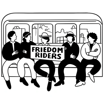 A group of Freedom Riders seated inside a bus, displaying a sense of determination. They are dressed in 1960s attire, including jackets and hats. The bus interior features worn seats and vintage decor elements. The riders are positioned in various postures, some leaning slightly forward, while others sit back with arms crossed. Outside the windows, blurred images of trees and buildings suggest movement, emphasizing their journey. The words "Freedom Riders" are displayed prominently on a sign within the bus.