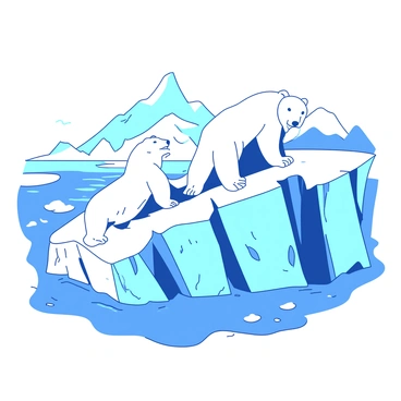 A group of white polar bears is playing on a large floating iceberg in the Arctic. The iceberg is jagged and has deep blue crevices, contrasting with the bright white fur of the bears. One bear is sliding down a smooth surface of the iceberg, while another bear is playfully pawing at a third bear. The icy water surrounds the iceberg, reflecting the colors of the sky above. In the background, snow-covered mountains rise against a pale blue horizon.