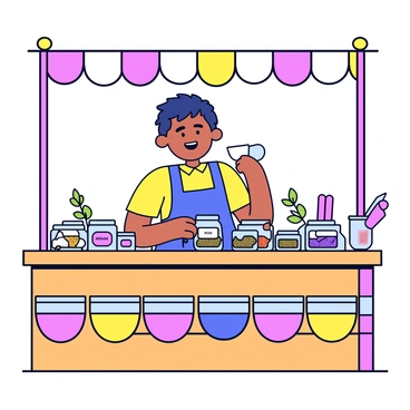 A merchant stands behind a wooden market stall filled with an assortment of fragrant teas. The stall is decorated with vibrant banners showcasing the names of the teas. Various jars filled with loose leaf teas are neatly arranged on the counter, each labeled with a small tag. The merchant, wearing a simple apron, is smiling and holding a small teacup. A few sprigs of herbs are placed alongside the tea jars, adding to the inviting atmosphere. The background features soft colors that suggest a cozy market setting.