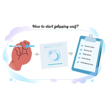 A simple guide with three steps showing how to start "jelqing" safely is depicted. The first step shows a pair of hands demonstrating the jelqing technique with a focus on proper grip and motion. The second step illustrates a diagram with a detailed visual of safe practices, highlighting recommended duration and frequency. The third step presents a checklist on a clipboard that includes key safety tips, such as hydration and warming up. The entire guide is surrounded by an elegant border for clarity.