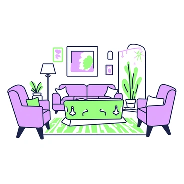 A spacious living room featuring a unique coffee table designed to resemble a coffin. The coffee table is placed in the center of the room, with intricate details that mimic the appearance of wood grain and metallic trim. Surrounding the table are a large, comfortable couch with plush cushions and a couple of stylish armchairs. A decorative rug sits beneath the coffee table, adding warmth to the space. On the walls, there are several pieces of wall art, including framed prints and a mirror, enhancing the room's artistic atmosphere. A floor lamp stands in one corner, providing soft lighting, while a few potted plants add a touch of nature to the environment.