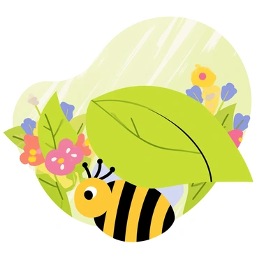 A honeybee with bright yellow and black stripes is nestled under a large, green leaf. Raindrops are falling around it, creating small splashes on the surface of the leaf. The background features a blurred view of a rainy garden filled with vibrant flowers and leaves, enhancing the atmosphere of the gentle rain shower. The honeybee looks cozy and protected as it waits for the rain to pass.