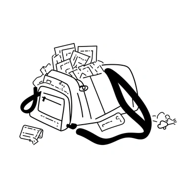 A school bag is lying open on the ground, overflowing with various items. Papers are scattered haphazardly, some crumpled, others neatly stacked. There are brightly colored wrappers mixed in, hinting at snacks that were once inside. Random knick-knacks such as a small toy, a pencil case, and a worn-out notebook are spilling out of the bag. The bag itself appears worn, with visible stitching and a slightly frayed zipper.