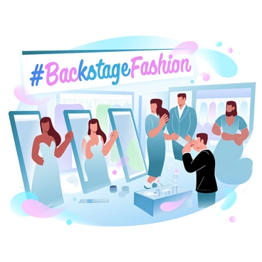 A lively backstage scene at a fashion show with models getting ready, featuring the hashtag #BackstageFashion