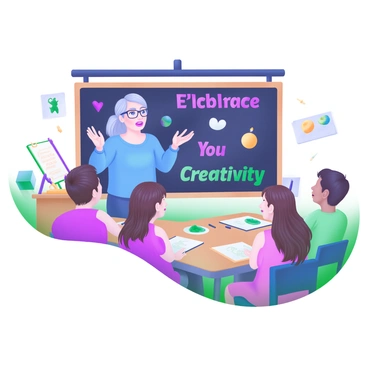 A modern pastel illustration depicting an illustration tutor standing at the front of a classroom. The tutor is a middle-aged woman with glasses, wearing a bright blue sweater, and passionately gesturing with her hands. In front of her, a diverse group of students, ranging in age and ethnicity, are seated at their desks, looking engaged and inspired. The blackboard behind the tutor features motivational phrases like "Embrace Your Creativity" in colorful letters. Scattered around the classroom are art supplies, such as sketchbooks, pencils, and paint palettes. The atmosphere conveys a sense of enthusiasm and encouragement for creative expression.