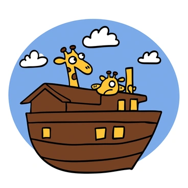 A pair of giraffes with brown and tan patches are poking their heads out from the top deck of a large wooden ship, resembling Noah's Ark. The giraffes have long necks and large, expressive eyes, showcasing their curiosity. The ship has a traditional design with a sloping roof and several windows. The background features a clear blue sky with a few fluffy white clouds, adding to the scene's openness. The giraffes are looking around, their ears perked up, indicating interest in their surroundings.