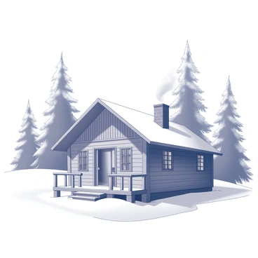 A wooden cabin with a steep, slanted roof is nestled among tall, snow-covered trees. The cabin features a small porch with rustic wooden railings. Smoke gently rises from the chimney, indicating a warm fire inside. The ground is blanketed with a thick layer of snow, and the trees are laden with white frost. In the background, more snow-covered trees create a serene forest atmosphere. The scene conveys a tranquil winter setting filled with natural beauty.