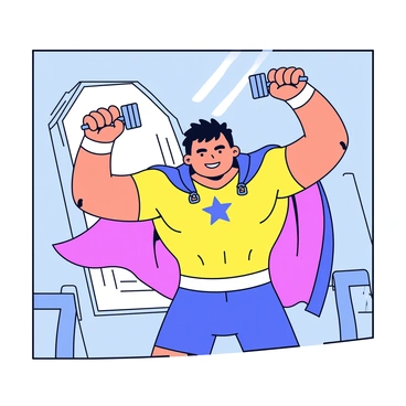 A comic book panel featuring a superhero performing shoulder presses as part of their training routine. The superhero is depicted with a muscular build, wearing a vibrant costume with a cape flowing behind them. They are in a gym setting, with weights positioned above their head, showcasing their strength. The superhero's face expresses determination and focus. In the background, there are gym equipment and a large mirror reflecting their impressive physique. The panel includes action lines to emphasize the motion of the shoulder press.