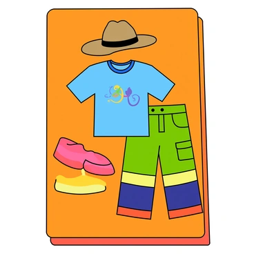 A colorful flashcard with a bright background displaying various clothing items. In the center, there is a large, stylish hat with a wide brim, accompanied by a short-sleeved blue shirt featuring a playful pattern. Next to the shirt, there are a pair of vibrant, multi-colored pants with pockets. Each clothing item is clearly outlined and presented in an organized manner. The flashcard has a border that matches the vibrant colors of the clothing items, enhancing the playful design.