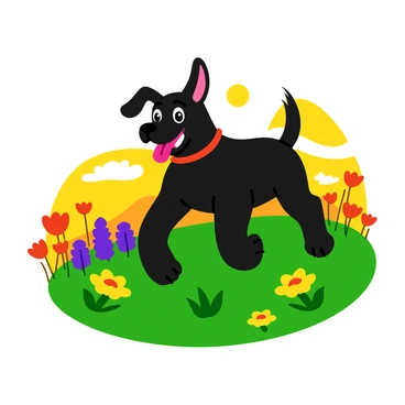 A black dog with shiny fur is running joyfully through a vibrant field filled with colorful wildflowers. The wildflowers are a mix of bright yellows, purples, and reds, swaying gently in the breeze. The dog has its tongue out, ears flapping back, and a playful expression on its face. The sun casts a warm light over the scene, highlighting the dog's movement and the blooming flowers surrounding it.