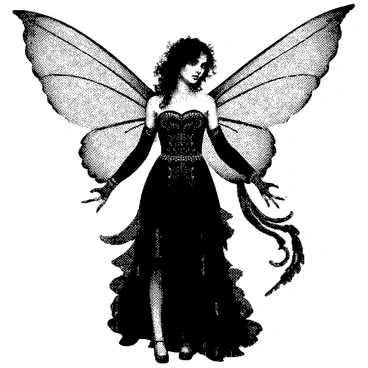 A gothic fairy is standing gracefully with delicate wings spread slightly behind her. The wings have intricate patterns resembling lace, adding elegance to her form. She wears a decorative dress adorned with flowing lines and ornate details, capturing the essence of gothic fashion. Her hair is styled in elaborate curls, framing her face with a mysterious allure. The background features swirling patterns that complement her presence, enhancing the overall composition of the scene.