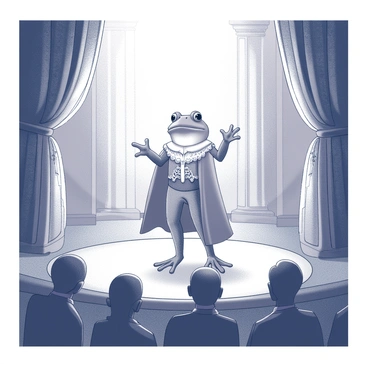 A frog is positioned center stage, performing opera. It wears an elaborate costume with intricate details, including lace and ruffles. The stage is designed in a Victorian style, featuring ornate curtains and decorative elements. Soft light highlights the frog, emphasizing its expressive posture and facial features. The audience, depicted as shadowy figures, is seated in front, captivated by the performance. In the background, there are grand architectural features characteristic of the Victorian era.