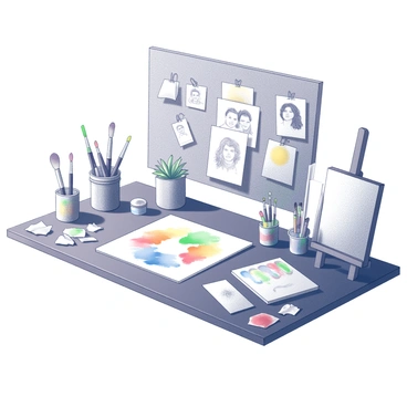 A desk filled with various art supplies. There are paintbrushes of different sizes arranged in jars and scattered among tubes of paint. A palette resides on one side, smeared with vibrant colors. Unfinished sketches, some pinned to a corkboard above the desk, showcase various subjects, including faces and landscapes. Scattered around the desk are crumpled pieces of paper and a half-finished canvas on an easel. A small potted plant sits in one corner, adding a touch of life to the workspace.