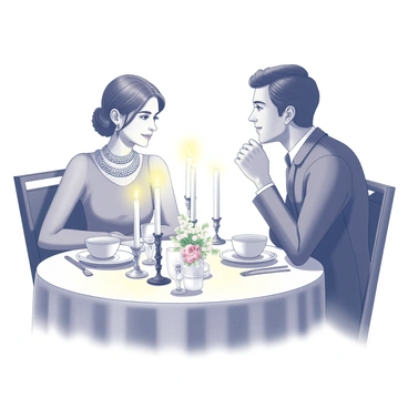 A candlelit dining table is set with fine china and sparkling glassware. Soft light flickers from several elegant candles placed in ornate holders. A couple sits at the table, engaged in conversation. The woman is wearing a stunning collier that accentuates her neckline, featuring intricate designs and sparkling details. The man is looking at her with admiration, capturing the intimate atmosphere of the evening. Elegant table decor, including a small floral centerpiece, completes the romantic scene.
