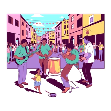 A lively muster of musicians playing different instruments in a joyful street performance