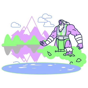 A titan with muscular arms and a towering height is standing by a large, calm lake. The titan has a majestic beard and long hair that flows like waves. Its armor is intricately designed, with patterns etched across the chest plate. The surface of the lake reflects the titan's imposing figure and the surrounding landscape. In the background, there are tall mountains that rise sharply, and a few fluffy clouds hover in the sky above. The scene captures the titan's intense gaze, as it looks into the water, observing its own reflection.