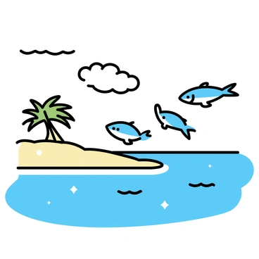 A group of flying fish, shimmering in silvery blue, is gliding gracefully above a turquoise sea. The water's surface reflects the sunlight, creating a sparkling effect. In the background, there is a lush tropical island with green palm trees and soft sandy beaches. The sky is clear with a few white clouds drifting lazily. The scene captures the dynamic movement of the fish as they leap above the waves.