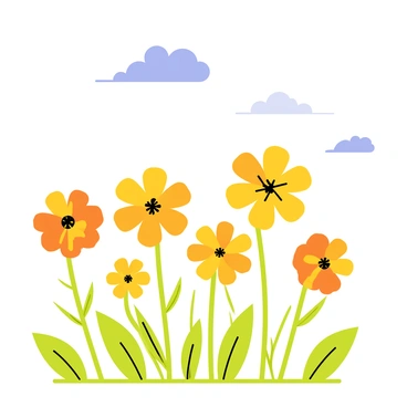 A vibrant field filled with banksia flowers, showcasing various shades of yellow and orange. The flowers are positioned on tall green stems that sway gently, creating a sense of movement. The scene captures a bright blue sky above, with a few fluffy white clouds scattered around. A light breeze causes the flowers to dance softly, with some petals delicately curling at the edges. Small green leaves accompany the flowers, adding a lush backdrop to the colorful display.