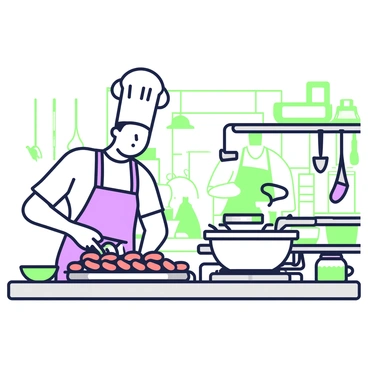 A chef wearing a white hat is skillfully preparing bratwursts on a stainless steel countertop. He has a focused expression as he expertly slices fresh ingredients. In front of him, multiple bratwursts sizzle on a large grill, sending a slight plume of steam into the air. Surrounding the chef, various kitchen utensils hang from a wall, and pots are bubbling on the stovetop. In the background, a busy kitchen environment is visible, with other chefs working and food being plated on nearby counters. Bright light illuminated the scene, highlighting the chef's precise movements.