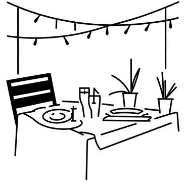 A patio is adorned with "fairy lights" strung overhead, creating a warm ambiance. A beautifully arranged table is set for two, featuring an elegant white tablecloth and fine china plates stacked neatly. There are "two flickering candles" on the table, casting soft shadows. Each place setting includes polished silverware and crystal wine glasses. In the background, there are potted plants adding greenery to the scene. The overall atmosphere is intimate and inviting, perfect for a romantic dinner.