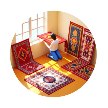 A traveler is carefully arranging a collection of rugs from different countries in their home. The rugs feature a variety of intricate patterns and vibrant colors, showcasing designs typical of their respective cultures. The traveler is kneeling on a hardwood floor, holding one rug made of rich red and gold tones, while another rug with geometric patterns lies nearby. Sunlight filters through a window, illuminating the textures of the rugs and creating a warm, inviting atmosphere in the room. 