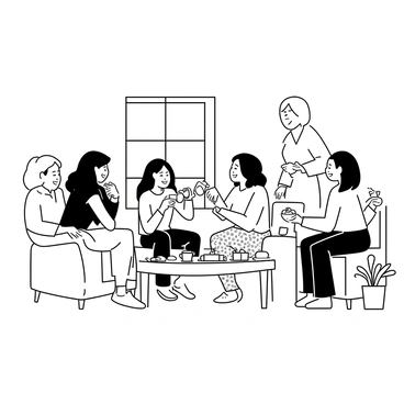 A group of women of various ages is seated around a low coffee table in a cozy living room. Some women are laughing and chatting, while others are pouring tea from a teapot into delicate cups. They are dressed in comfortable, casual attire, with a mix of floral patterns and soft fabrics. The coffee table is adorned with an array of pastries and sandwiches arranged neatly on platters. There are plush armchairs and a sofa with a patterned throw blanket. A window in the background lets in soft light, and potted plants are placed around the room, adding to the warm atmosphere.