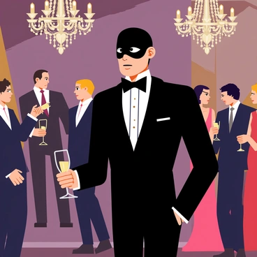 A thief wearing a sleek black suit with a matching mask is mingling at a high-society party. The background features elegantly dressed guests in luxurious evening attire, engaged in conversation. The thief holds a champagne flute while glancing around the room, scanning for potential targets. Dim, ambient lighting casts soft shadows and highlights the glint of jewelry worn by partygoers. Opulent decorations, including crystal chandeliers and elaborate floral arrangements, adorn the venue.