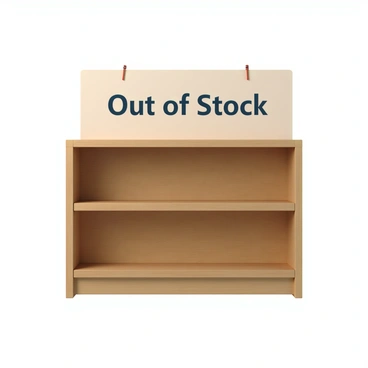 A wooden art store shelf with a natural finish, displaying an empty space where various art supplies would typically be placed. The shelf has a slightly worn appearance, indicating it has been well-used. Above the shelf, there is a rectangular sign that reads "Out of Stock" in bold, clear lettering. The sign is attached to the shelf with clips, and the background is a soft light color that contrasts with the darker wood of the shelf.