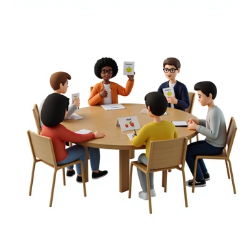 A group of diverse students sitting at a round wooden table engaged in learning new languages. Each student has a stack of colorful 3D flashcards in front of them. The flashcards display words and images relevant to different languages, such as "apple" in English with a picture of an apple, “manzana” in Spanish with an illustration of the same fruit, and “りんご” in Japanese with a corresponding visual. The students are of various ethnicities, including a girl with curly hair, a boy with glasses, and another with straight hair. They are actively discussing the flashcards, with one student holding a card up for the others to see while another takes notes. The atmosphere is lively and focused, reflecting their enthusiasm for language learning.