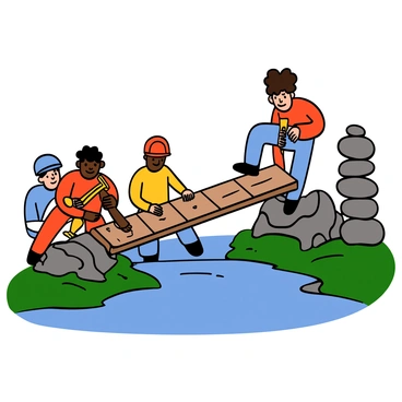 A group of engineers with varying skin tones is working together to construct a makeshift bridge over a shallow stream. One engineer with dark skin and short black hair is measuring wooden planks while another engineer, light-skinned with curly hair, is holding a hammer and driving nails into the planks. A third engineer, with medium skin and straight black hair, is stacking stones along the banks of the stream for support. The shallow stream is clear and reflects the blue sky, surrounded by greenery and rocks.