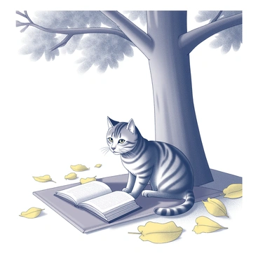 A cat sitting on a blanket, intently focused on an open book placed in front of it. The cat has distinctive striped fur and is comfortably nestled beneath a large tree with a broad trunk. The tree's leaves are lush and extend outward, casting dappled shadows on the ground. Surrounding the cat are numerous fallen leaves, creating a natural cushion of yellow and brown hues. The scene conveys a sense of tranquility as the cat appears absorbed in its reading.