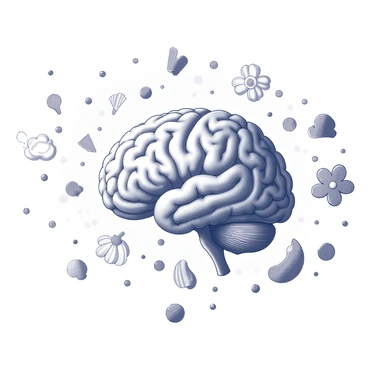 A surreal artwork of a brain with paint splatters and creative doodles emanating from it