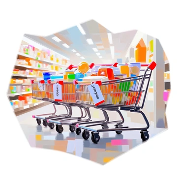 A row of shopping carts filled with various products including colorful boxes, cans, and bags. Each cart is labeled with a tag that reads "loyal customer." The carts are parked closely together in a well-lit area of a supermarket aisle, showcasing a vibrant assortment of items such as snacks, beverages, and household goods. The tags are clearly visible, hanging from the handles of each cart, emphasizing the theme of customer loyalty.