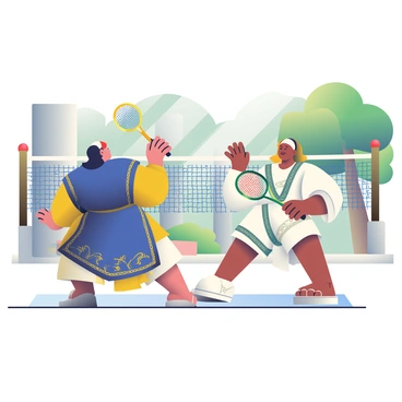 A historical scene depicts two players engaged in a game of badminton in an ancient setting. One player has dark hair and is wearing a flowing, embroidered tunic in deep blue and gold, while the other has light brown hair, dressed in a white tunic with intricate patterns. They are positioned on opposite sides of a woven net. The birdies are ornate, featuring vibrant colors and intricate designs, with feathers that shimmer in the light. The background includes ancient architecture with stone columns and lush greenery, providing a glimpse into a rich historical context. Sunlight filters through the trees, casting dappled shadows on the ground.