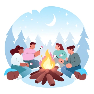 A group of friends is sitting around a glowing campfire at night. The warm flames are crackling and casting a soft light on their faces. Each friend is holding a roasting stick with marshmallows over the fire. They are seated on logs and blankets, creating an inviting atmosphere. Above them, a vibrant night sky is filled with twinkling stars and a crescent moon, casting a gentle light across the scene. The silhouettes of trees can be seen in the background, enhancing the cozy setting.