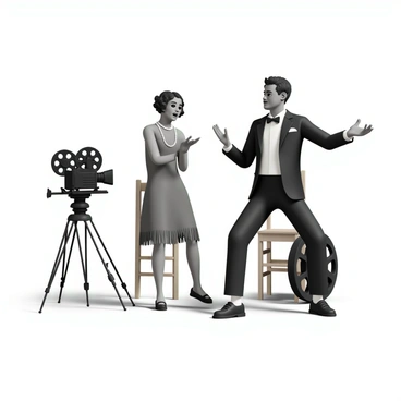 A black-and-white silent film set, featuring actors dressed in period costumes from the 1920s. One male actor wears a classic black suit with a bow tie, while the female actor is in a flapper dress with fringe and pearls. The background includes vintage props such as an old-fashioned film camera on a tripod, a wooden director's chair, and a large film reel. The lighting is bright, casting soft shadows, creating an atmosphere of nostalgia. The actors are posed in a dramatic scene, with the male actor gesturing expressively while the female actor looks surprised.