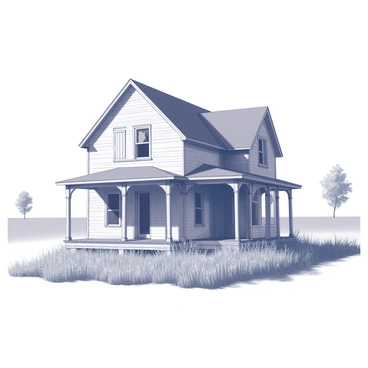 An old, abandoned house stands at the edge of a wide field. The structure has a weathered facade with peeling paint and broken shutters. The roof is sagging, with some missing shingles. Tall grasses and wildflowers have overgrown around the base of the house, creating a natural barrier. A wooden porch, partially collapsed, provides a glimpse of the interior through shattered windows. In the distance, a few sparse trees dot the horizon, framing the scene against a cloudy sky.