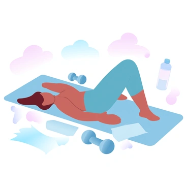 A person engaged in a core workout with a gym mat and weights nearby