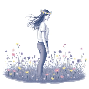 A person standing in a vast field of wildflowers. Their hair is flowing freely in the wind, creating a sense of movement. They are wearing a flower crown made from various blooms, which rests delicately on their head. The field is filled with tall grass and colorful flowers, adding depth to the scene. The person stands confidently, with their arms relaxed at their sides, enjoying the natural surroundings.