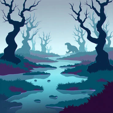 A misty swamp with dark, murky water reflecting the gray overcast sky. Gnarled trees with twisted trunks and branches reach out like skeletal fingers. The ground is uneven, with patches of thick, green moss and patches of fog swirling around. Shadowy creatures with glowing eyes can be seen lurking just out of sight among the underbrush, their forms blending into the shadows. The atmosphere is thick with humidity, and the air is filled with the distant sound of croaking frogs and the rustling of unseen animals in the haze.