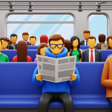A person sitting on a crowded commuter train, holding a newspaper open in their hands. The train seats are filled with various commuters, some standing while gripping the overhead straps. The person is wearing a blue jacket and glasses, intently focused on the newspaper. Surrounding them are other passengers, including a woman with a backpack and a man in a suit. The interior of the train features metal poles and windows reflecting the hustle of the city outside.